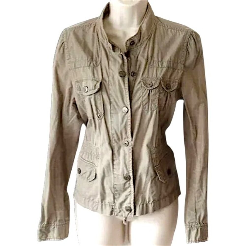 NWOT Ann Taylor Loft Cotton Utility Jacket M Khaki Military Zippers Snaps